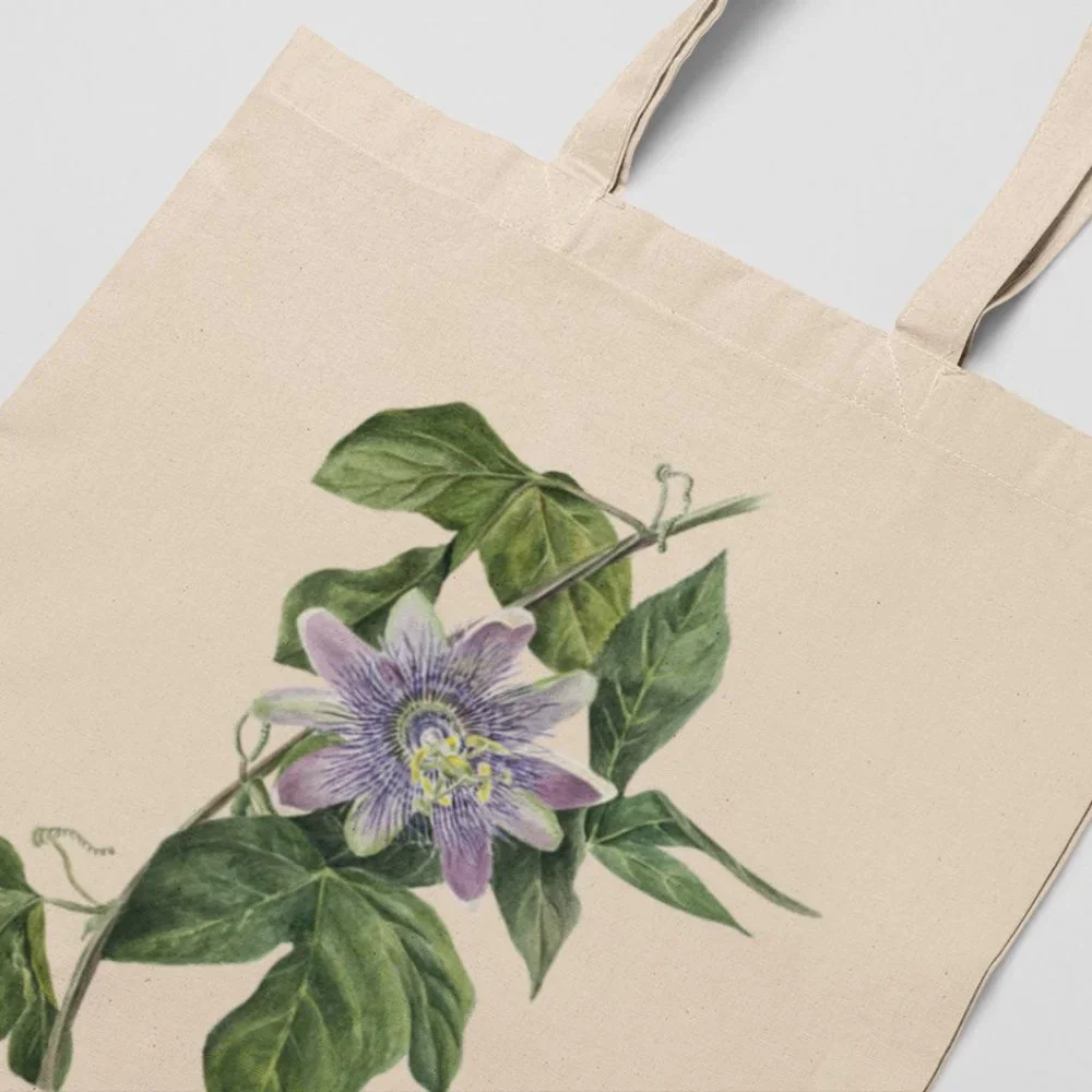 Purple Passion Flower Vintage Watercolor Floral Print Graphic Canvas Tote Bag